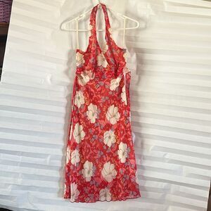 Blu Reed Coral Floral Halter Dress Size Medium Women's Summer Boho